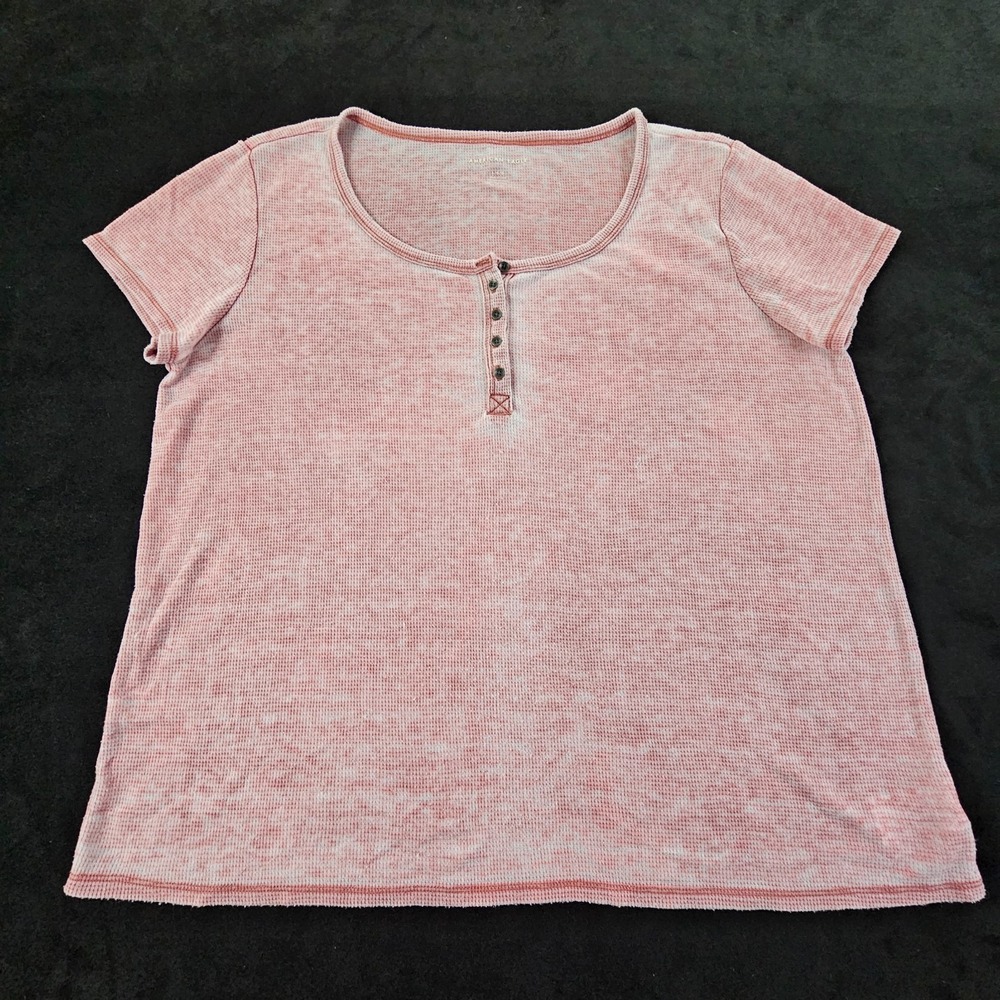 American Eagle Red Short Sleeve Ribbed Cotton Blend Henley T-Shirt Women's L